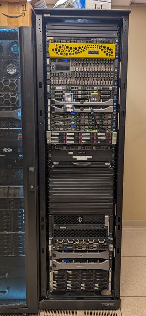 Photo of the shared server rack in the GLRC as of 2023-12-11.